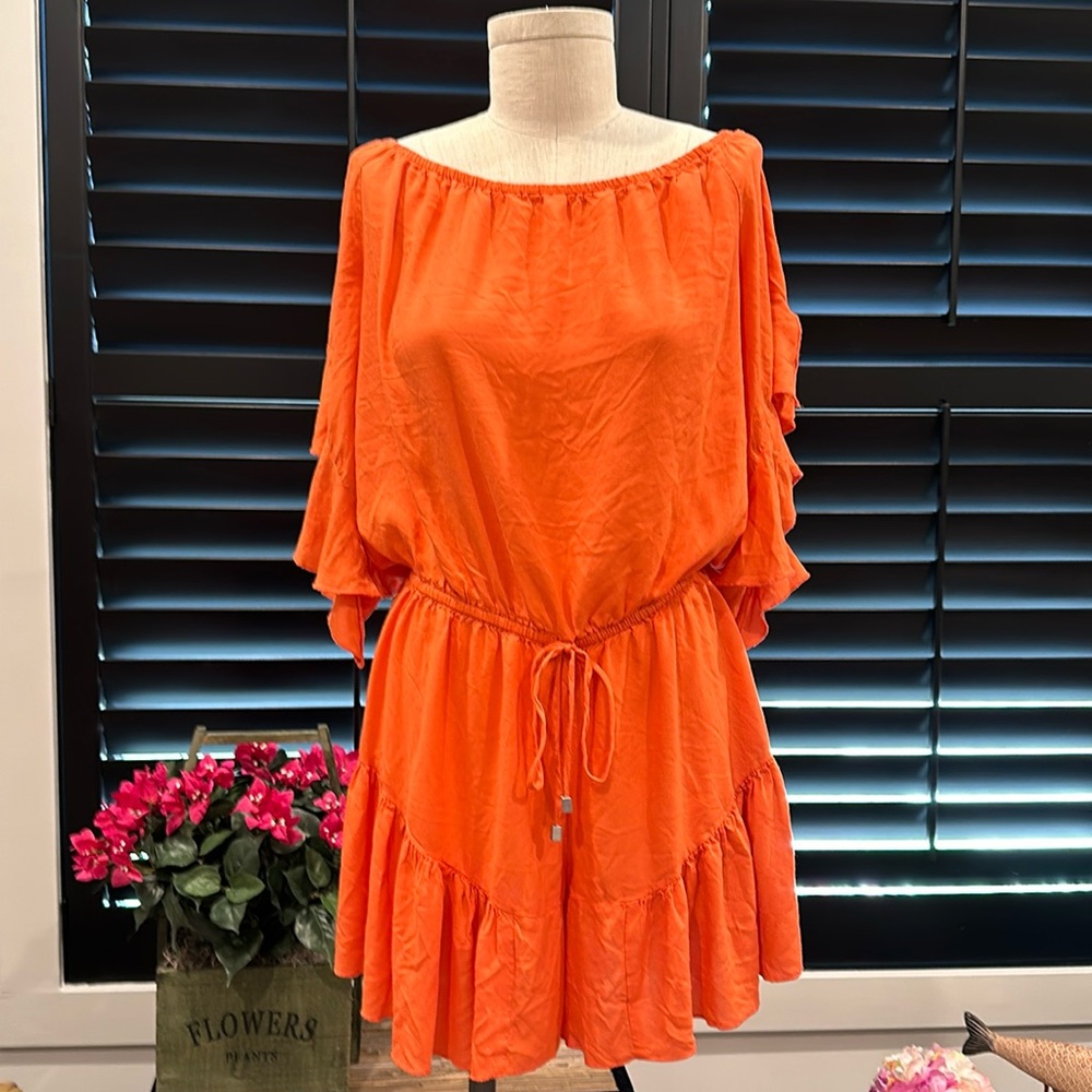 VENUS Orange Off-Shoulder Ruffle Swim Coverup